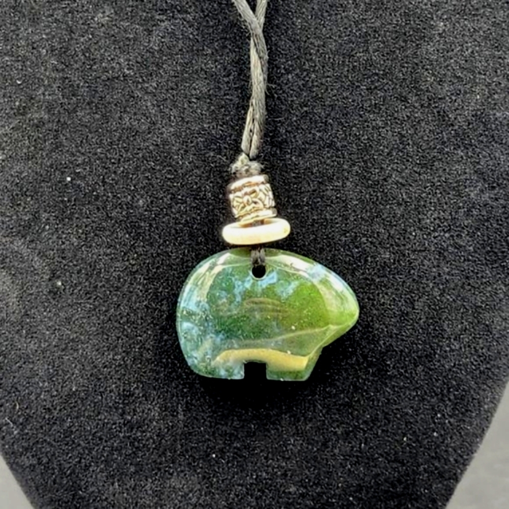 Carved Stone Bear Pendant on Nylon Necklace
